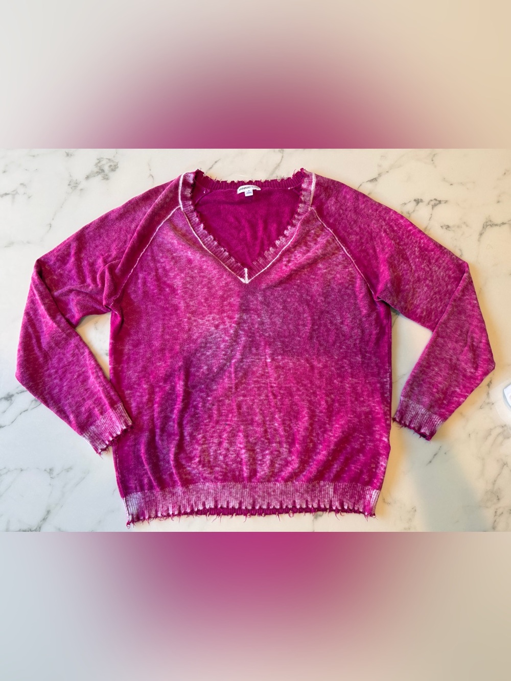 Minnie Rose Cotton Cashmere Frayed Edge V-Neck Sweater | Pink | Size‎ Small